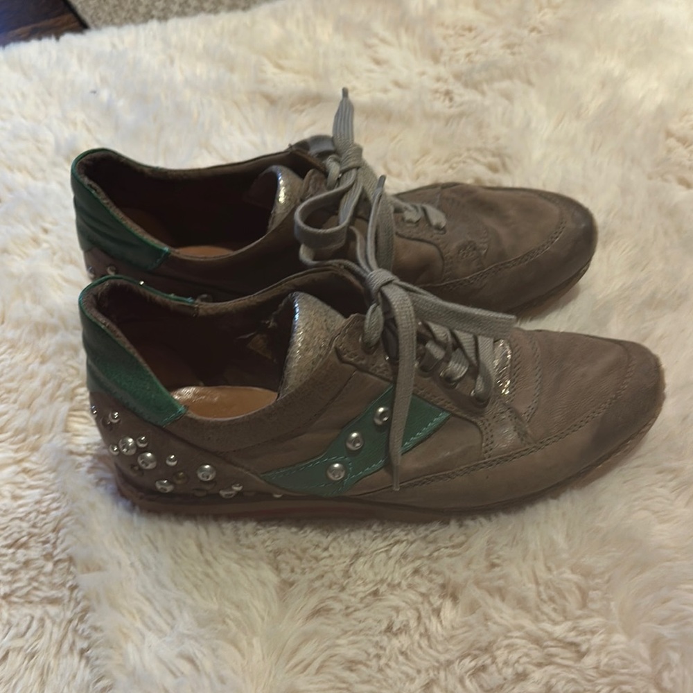 AS98 Distressed Grey Green Sneakers with silver and metallic embellishments